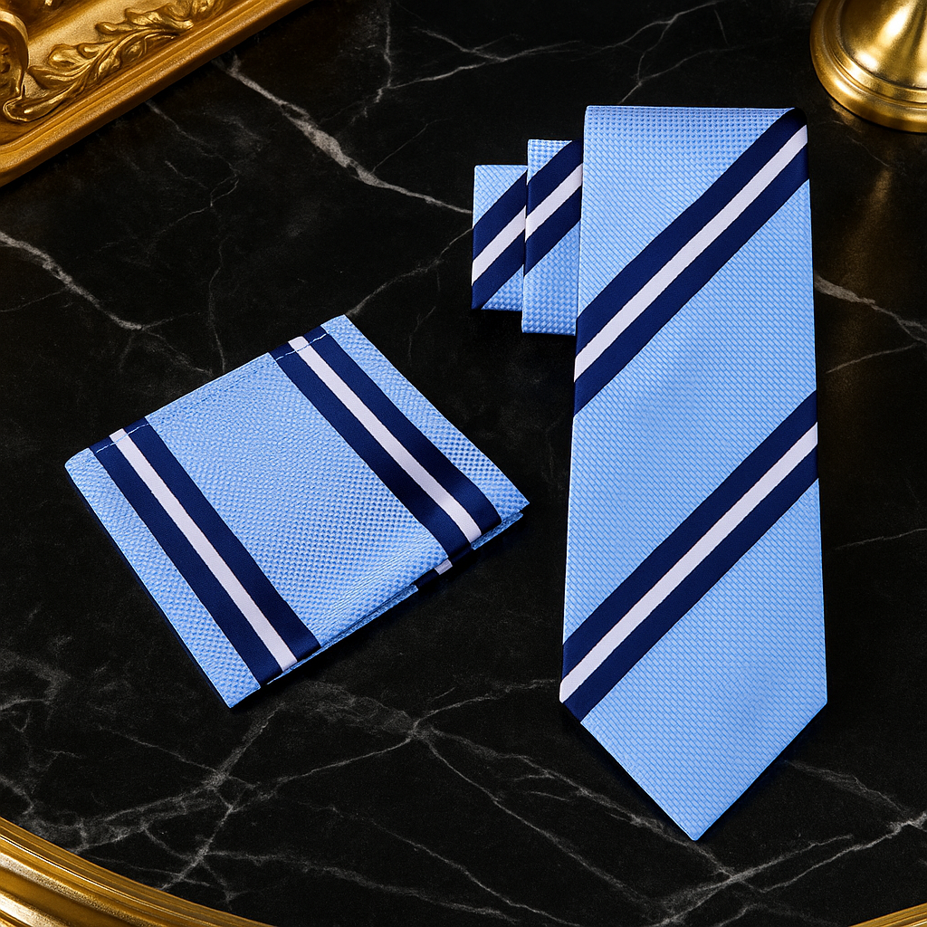 Alt View: Light Blue, Dark Blue and White Stripe Tie and Pocket Square