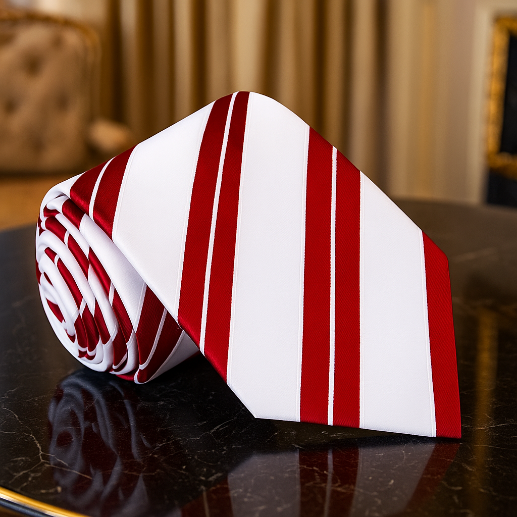 White and Red Stripe tie on black marble table