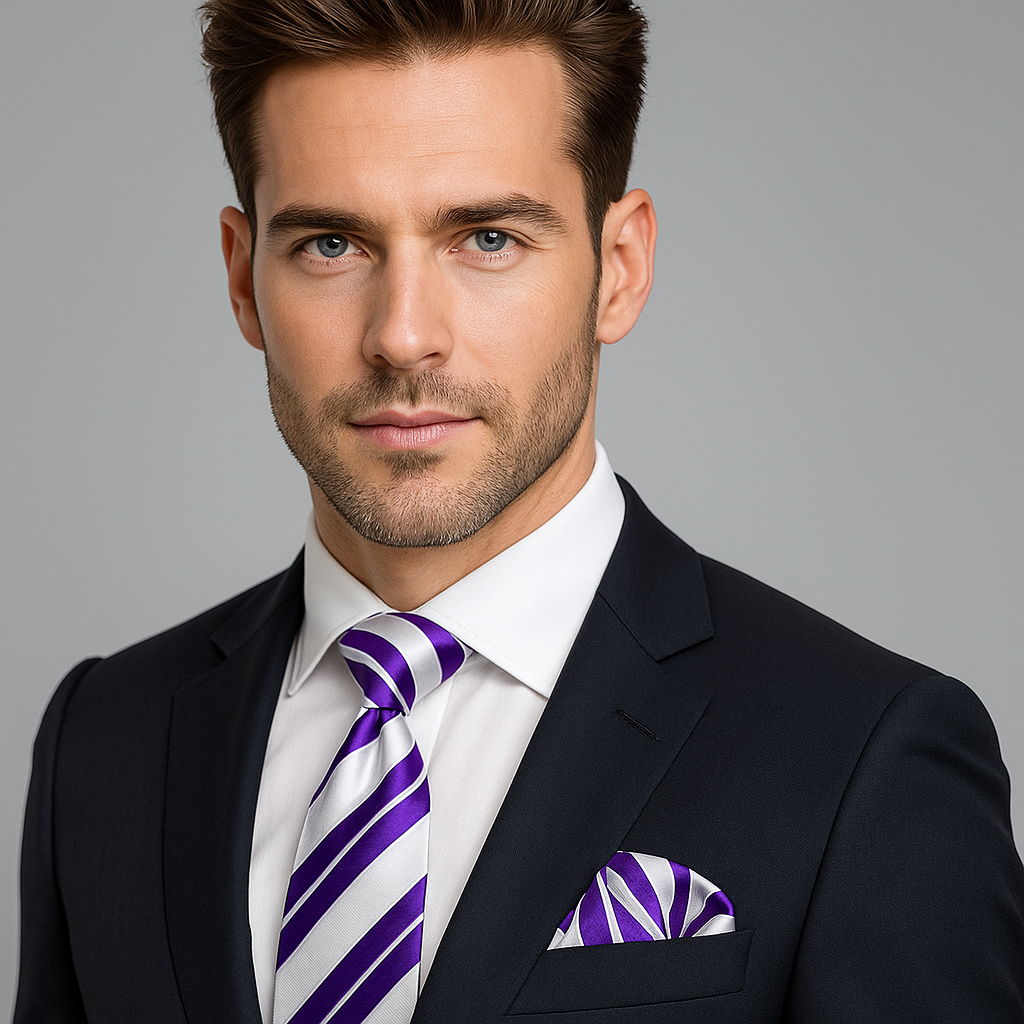 White and Purple Stripe Tie and Square on Man
