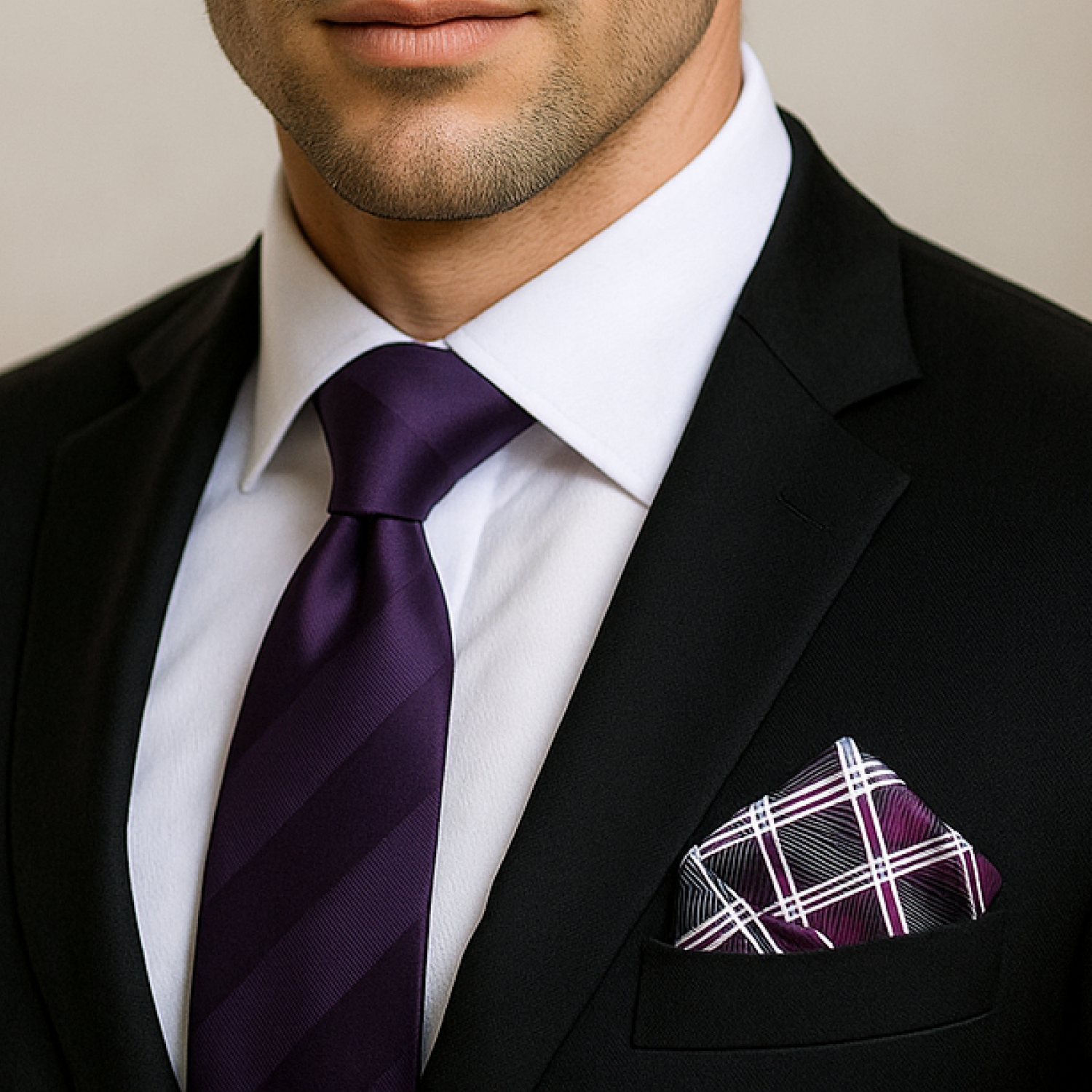 Man wearing a black suit with a purple tie and pocket square.