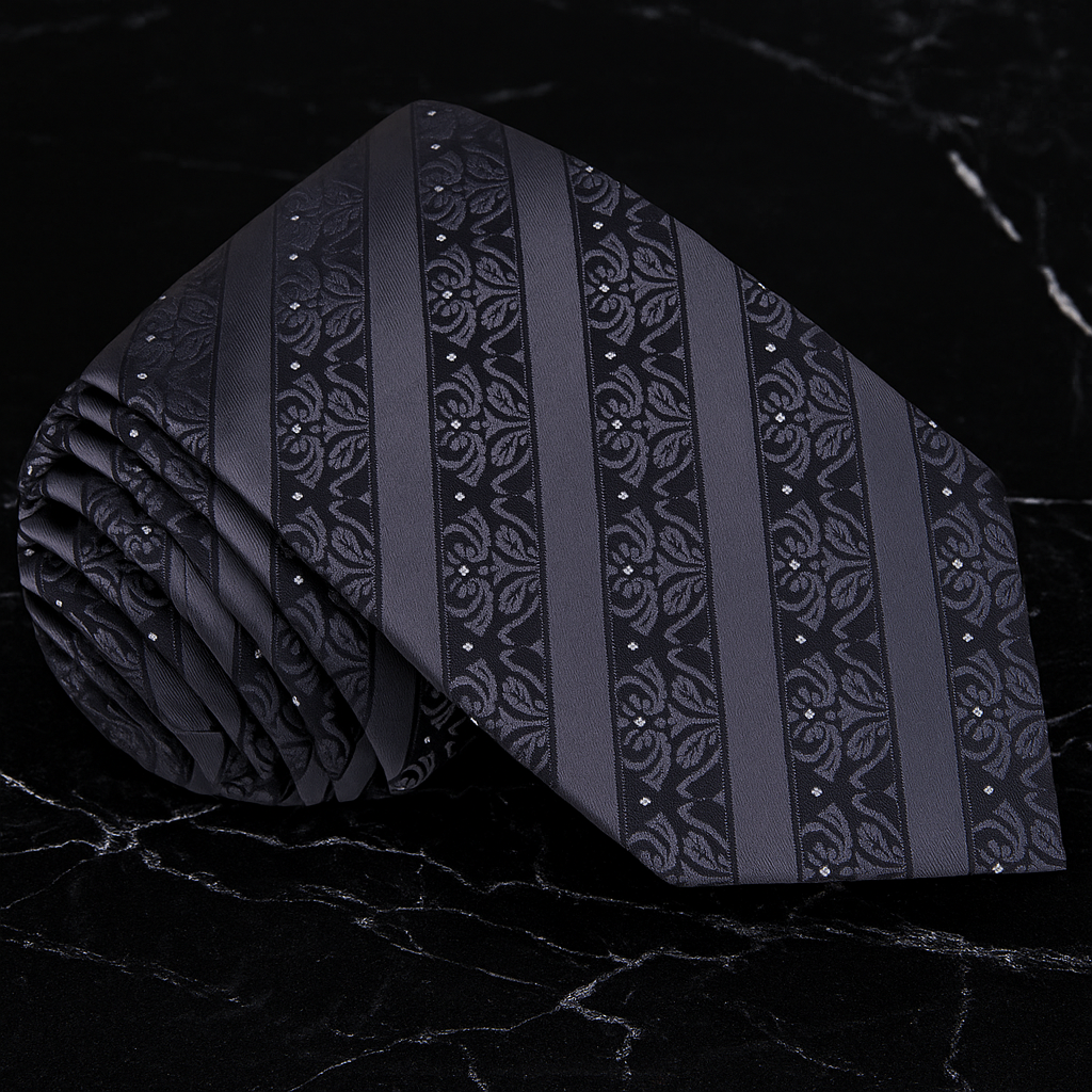 Black patterned tie on a dark textured background
