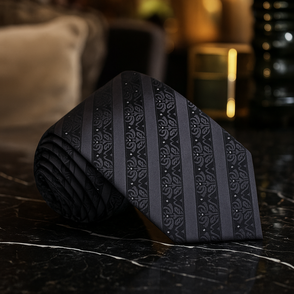 Black patterned tie on a dark surface with blurred background