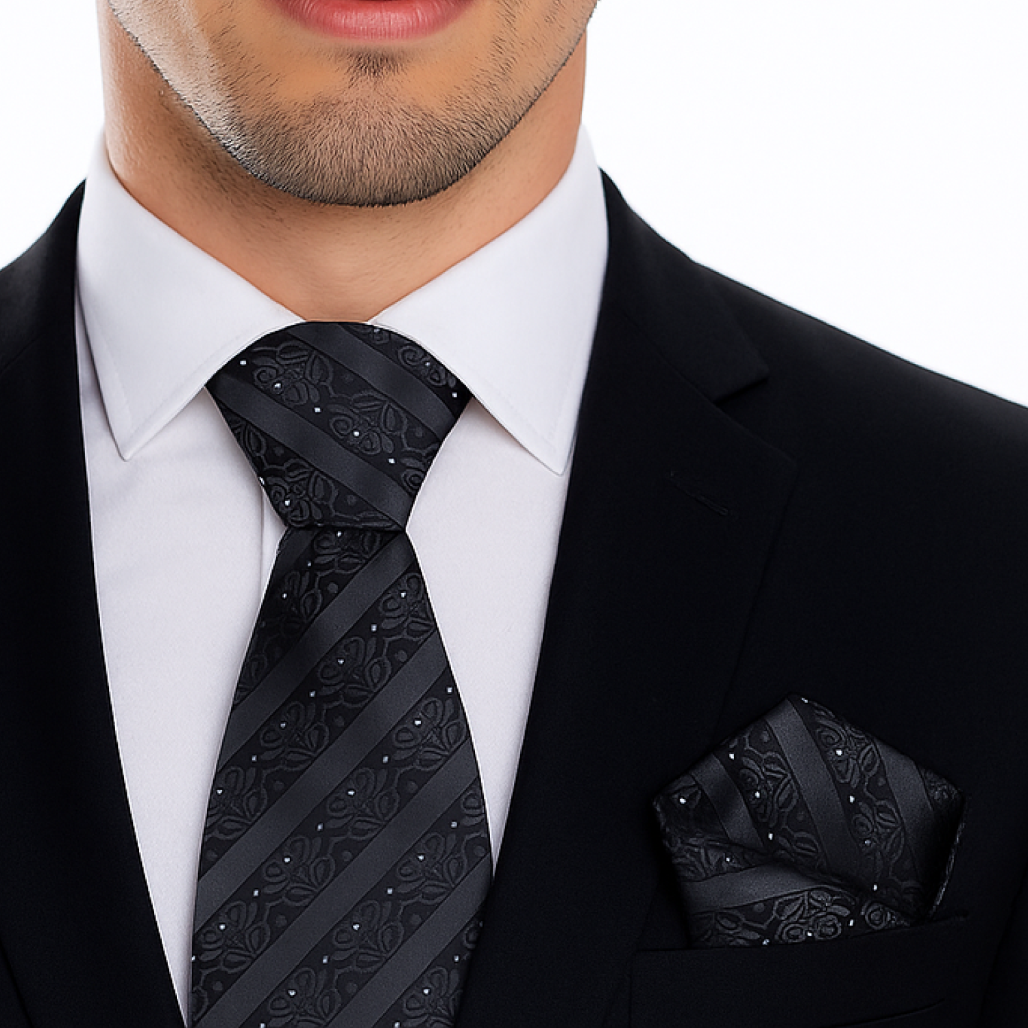 Man wearing black stripe tie square on black suit