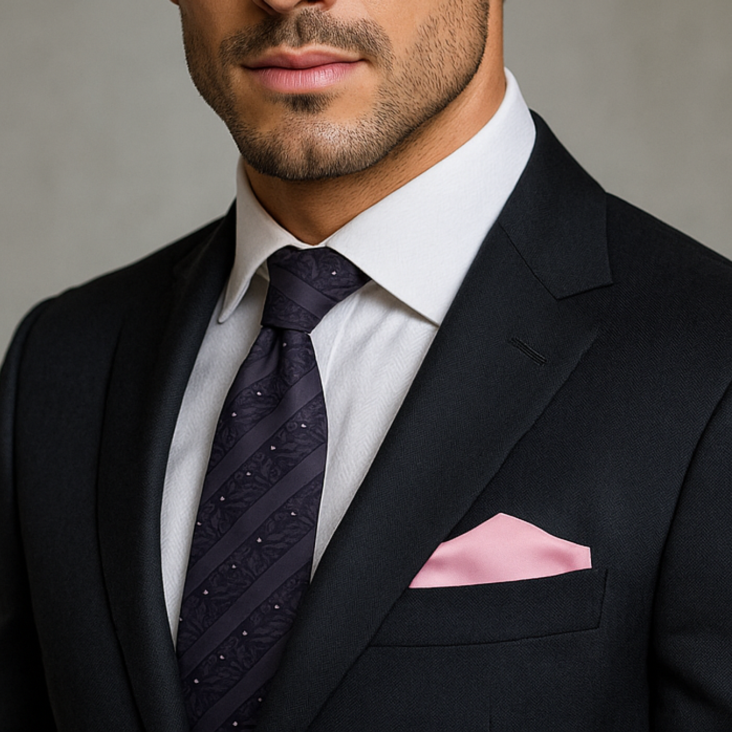Man wearing a black suit with a pink pocket square and dark tie against a neutral background
