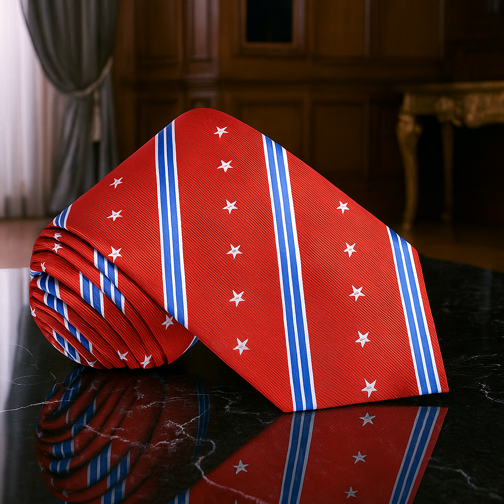 Red tie with white star pattern on a dark surface