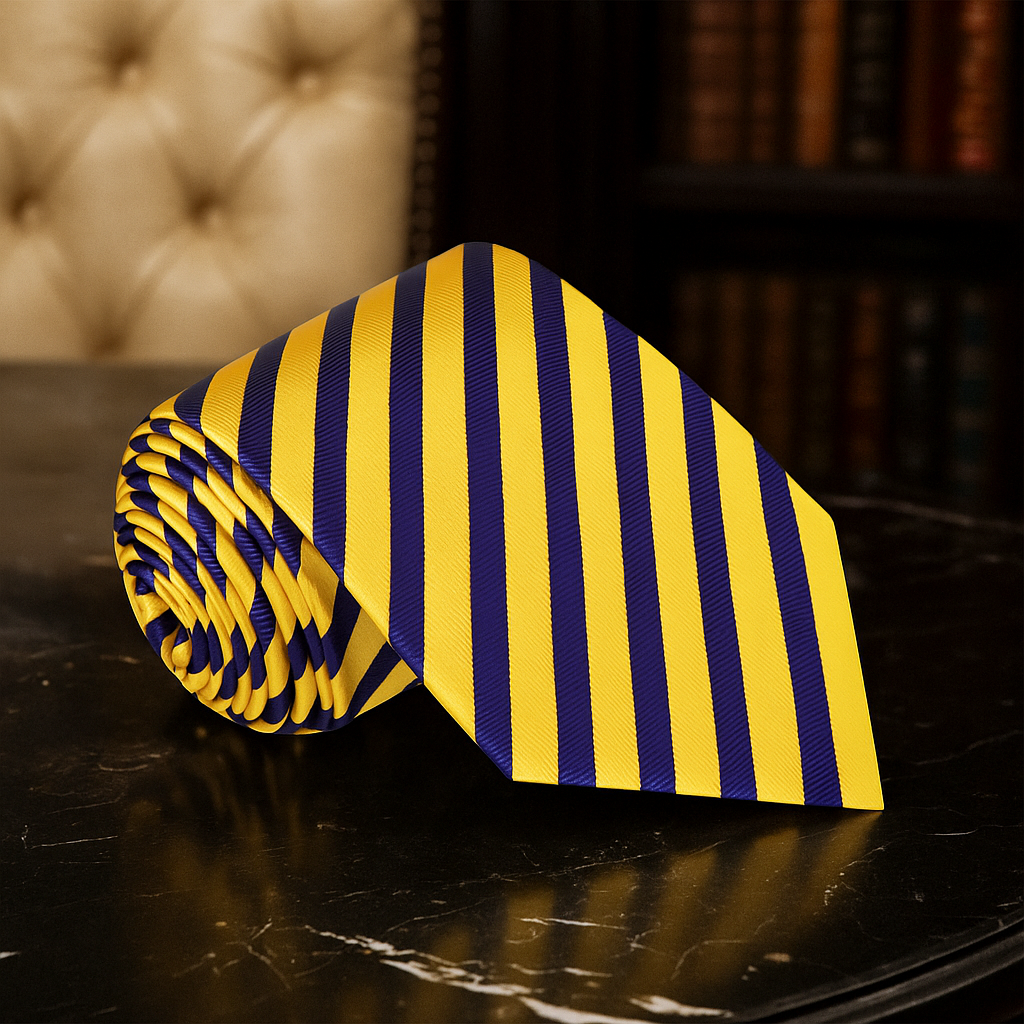 Yellow and blue striped tie on a dark surface with a blurred background