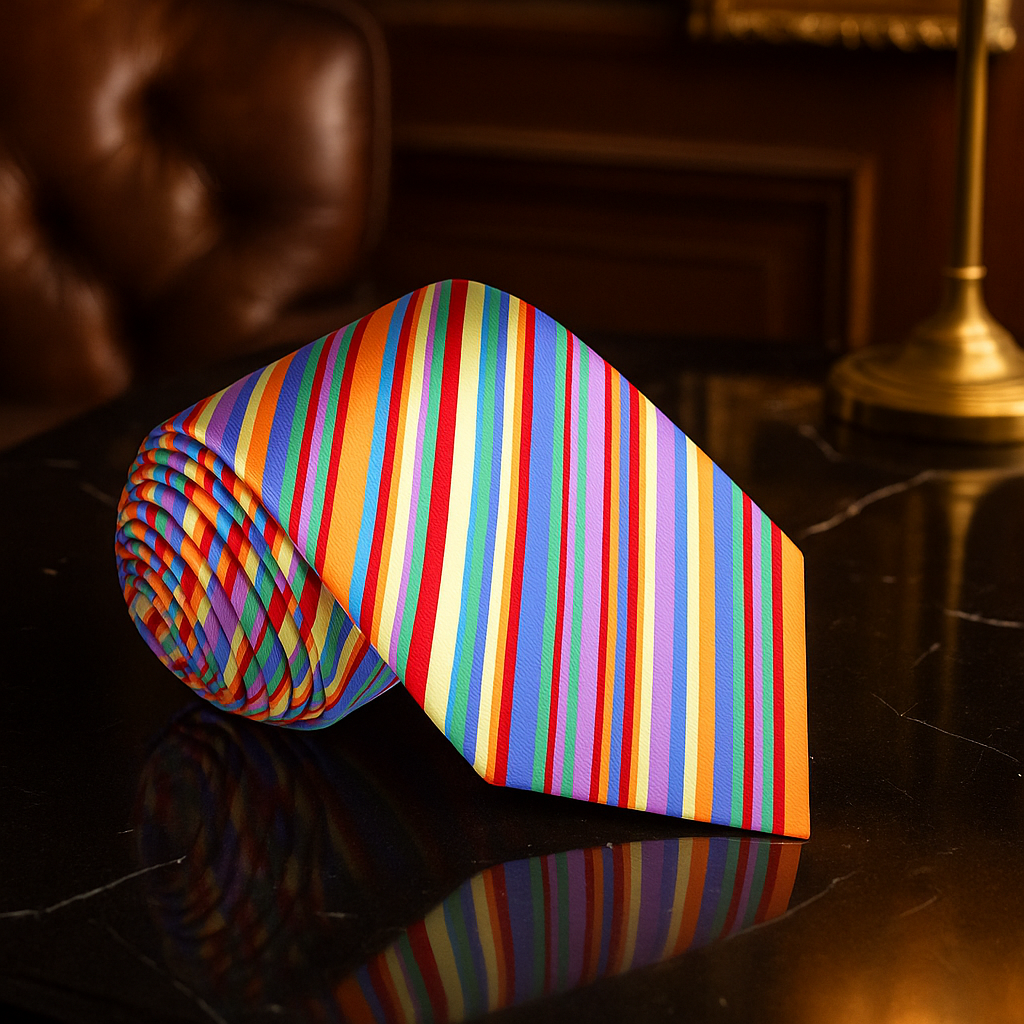 Colorful striped tie on a dark surface with a blurred background