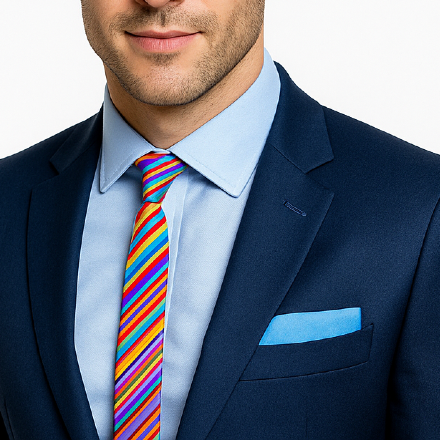 Man wearing a navy suit with a light blue shirt, colorful striped tie, and blue pocket square.