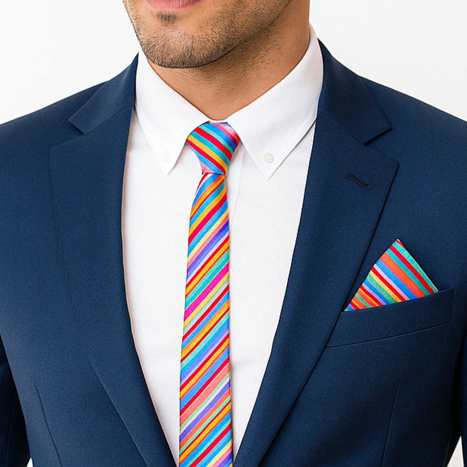 Man wearing a blue suit with a white shirt, colorful striped tie, and matching pocket square.