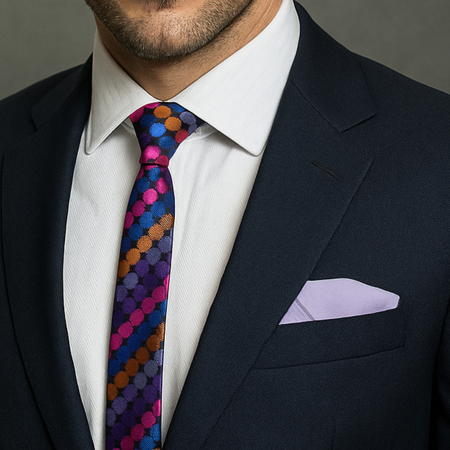 Man wearing a dark suit with a colorful polka dot tie and light purple pocket square.
