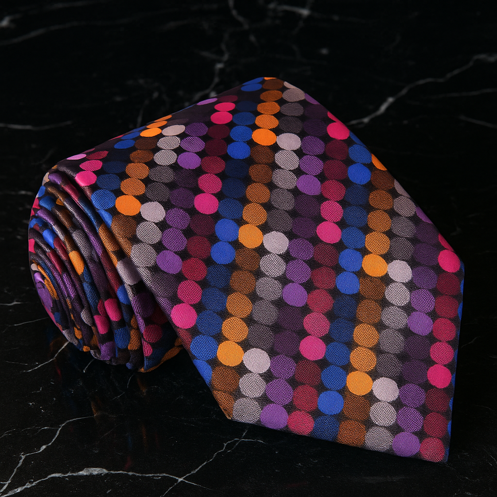 Multicolored polka dot tie on a dark textured background
