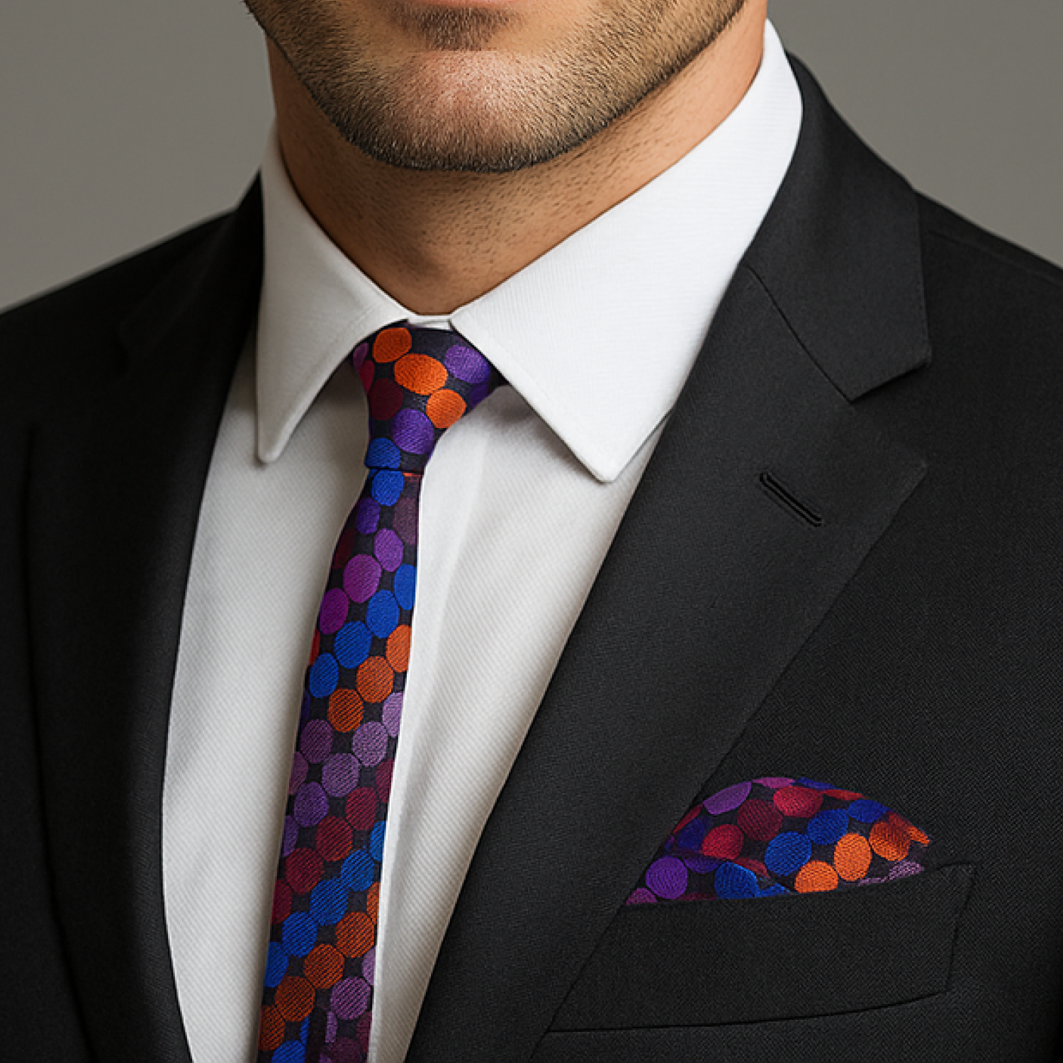 Man wearing a black suit with a colorful tie and pocket square against a gray background