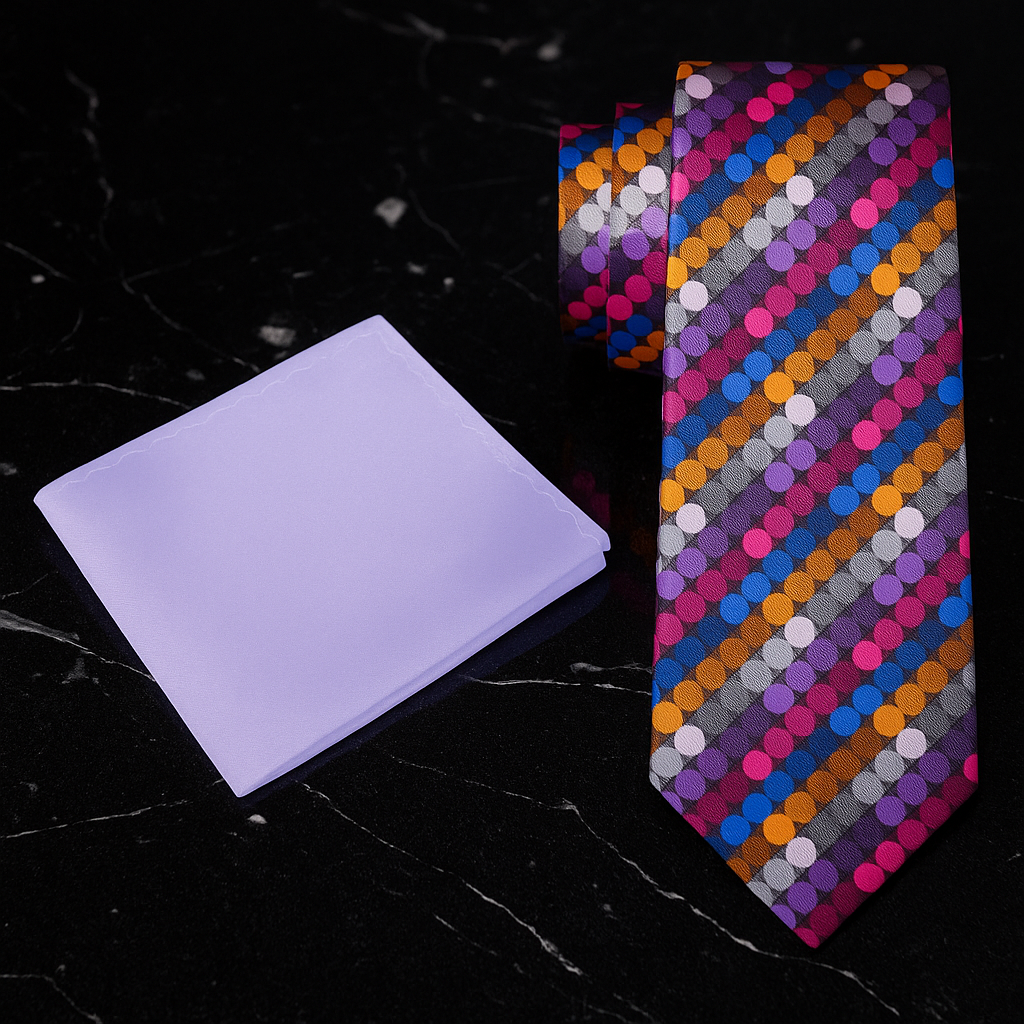 Colorful patterned tie with a purple pocket square on a black textured background