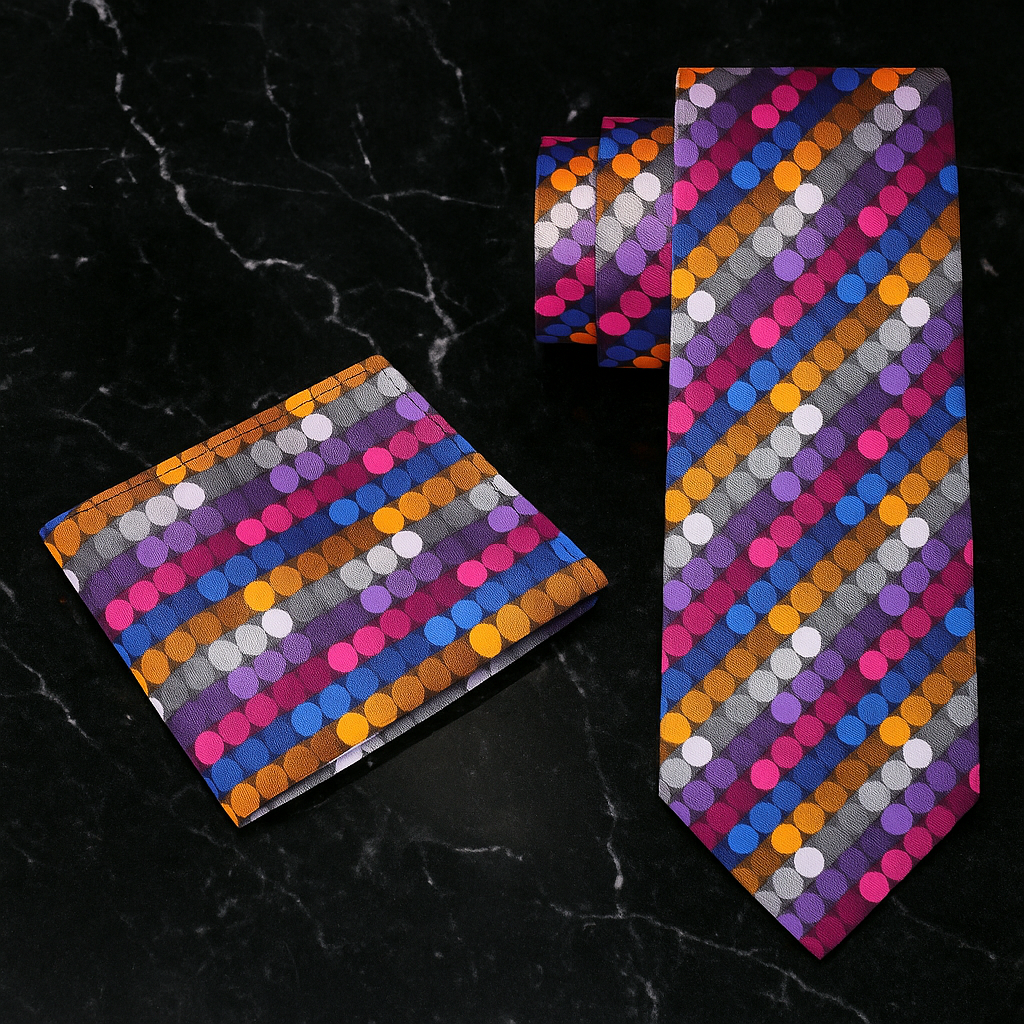 Colorful polka dot tie and pocket square set  