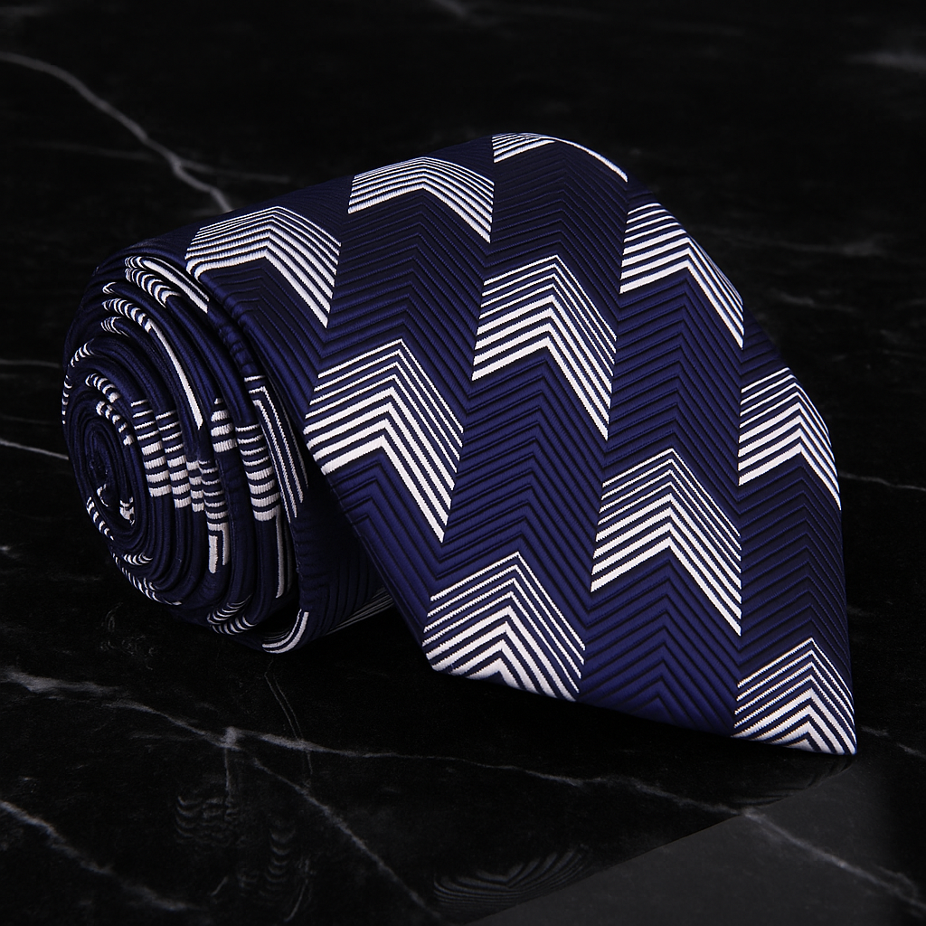 Navy blue tie with white chevron pattern on a dark marble surface