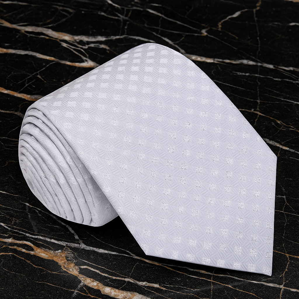 A Platinum Colored Tie With Metallic Looking Check Accent Pattern Necktie  