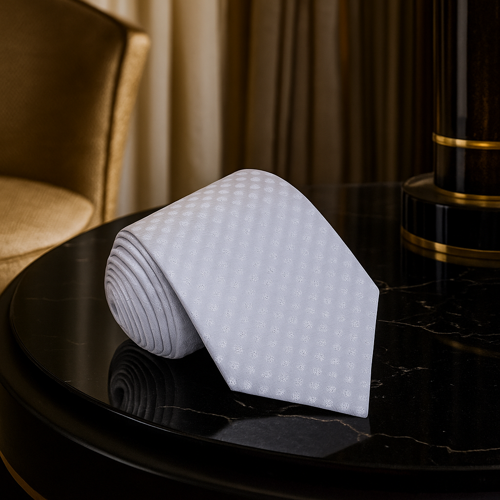 White textured tie on a dark surface with a blurred background