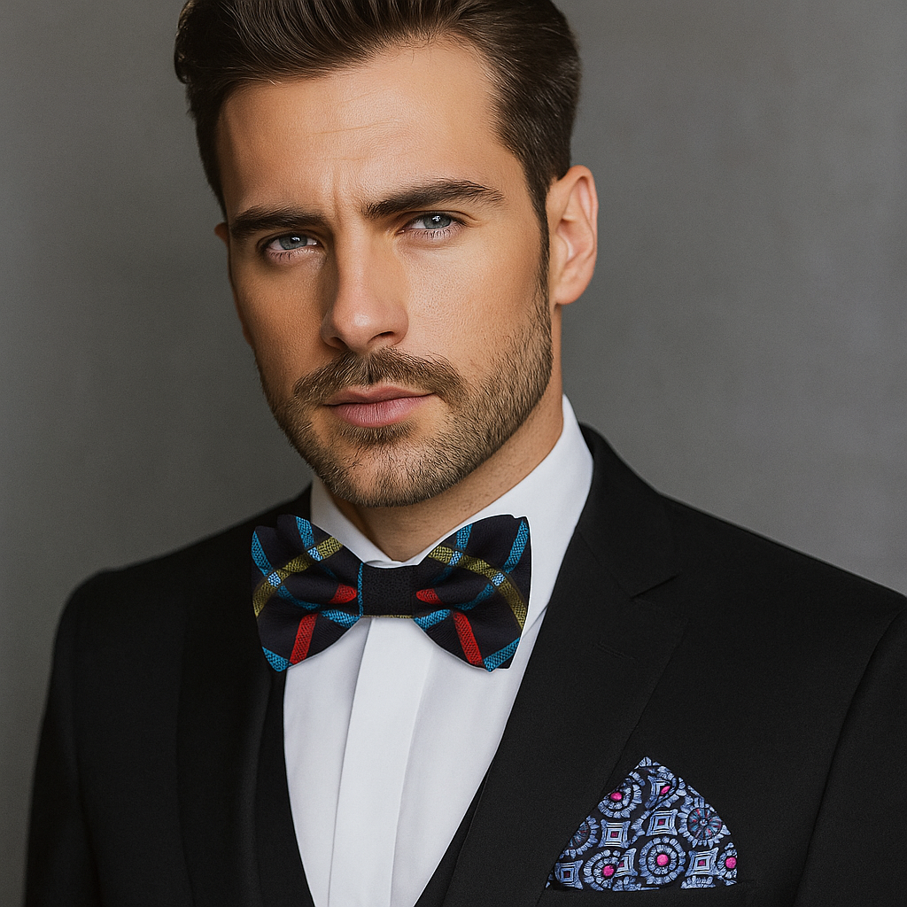 Man wearing a black suit with a Black, Red, Yellow and Grey Plaid Bow Tie and Accenting Pocket Square