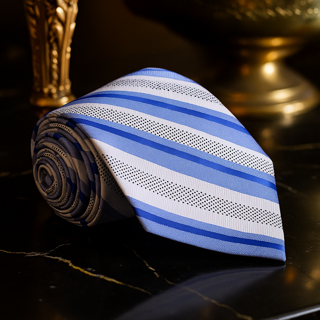 Blue, Light Blue, Grey, White Stripe Tie