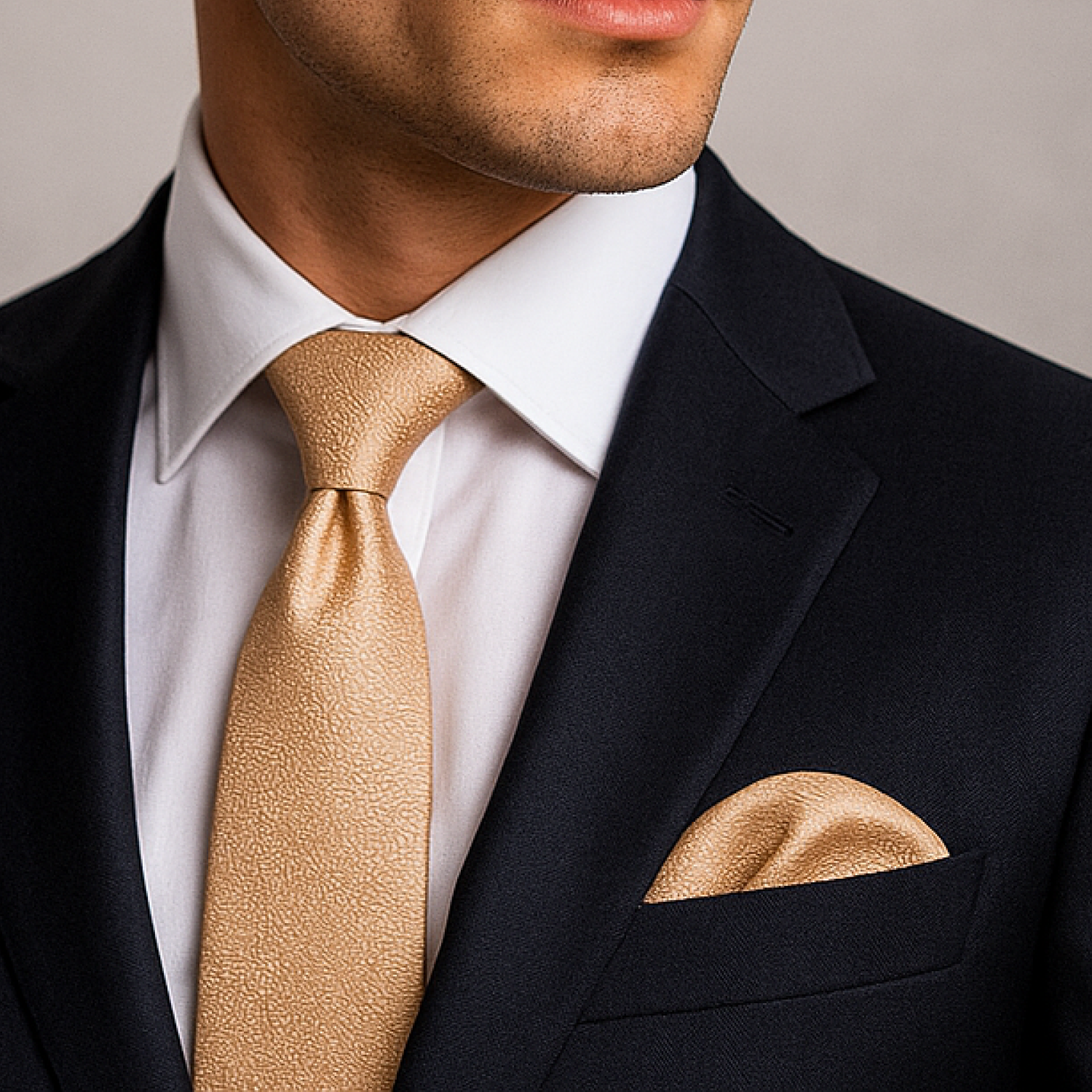 Man wearing gold tie and handkerchief