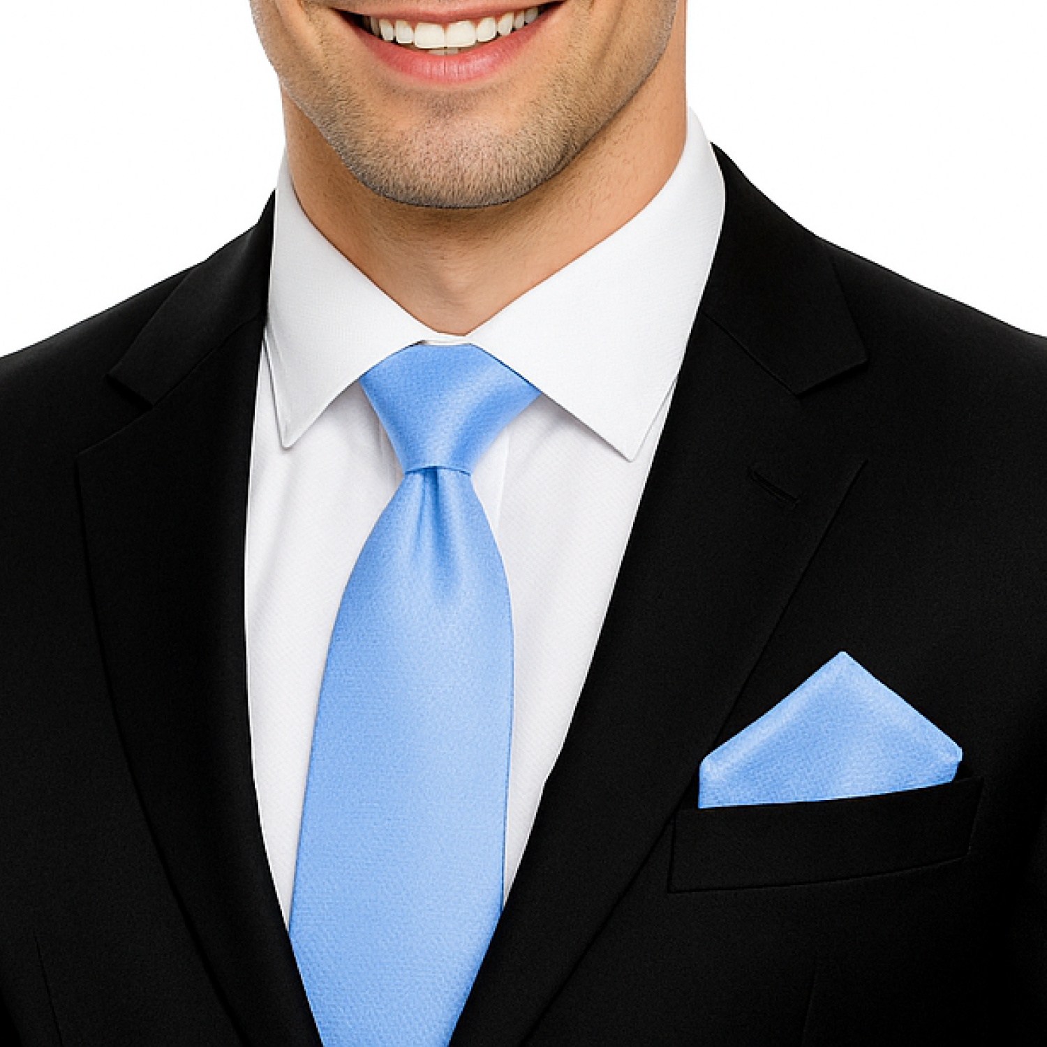 Shimmer Blue Luxury Tie and Square on man wearing black suit