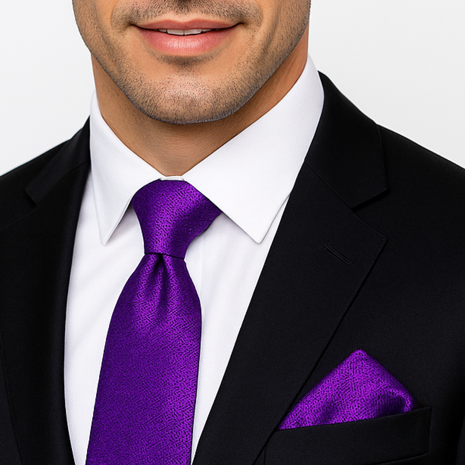 Shimmer Purple Necktie and Square on man wearing black suit