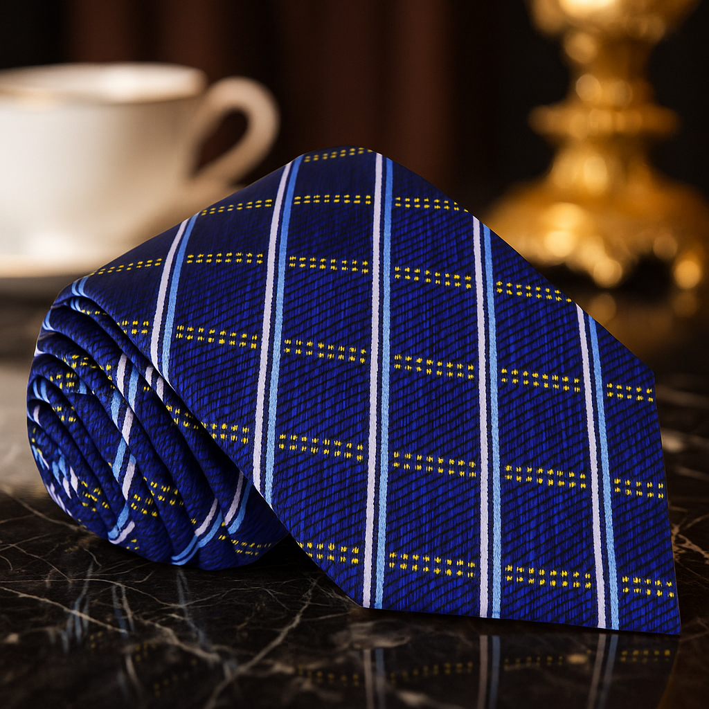 Rolled-up blue striped tie on a reflective surface with a blurred background