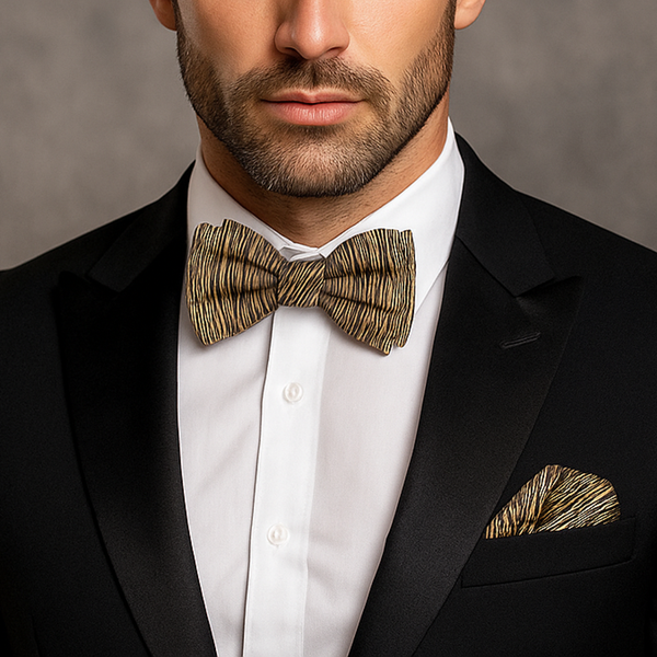 black dress shirt with gold bow tie & Animal Print Set pink prom dresses
