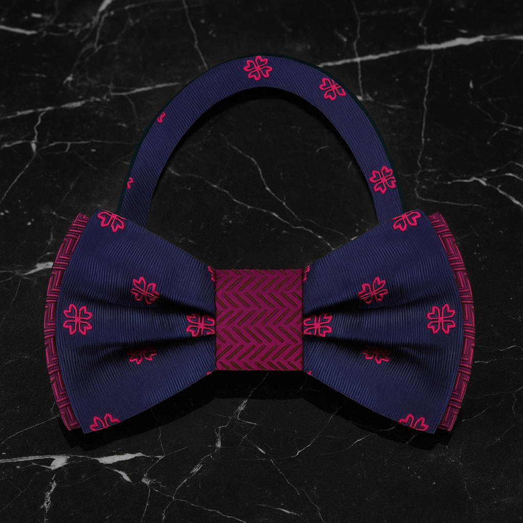 Blue and pink bow tie on a black marble background