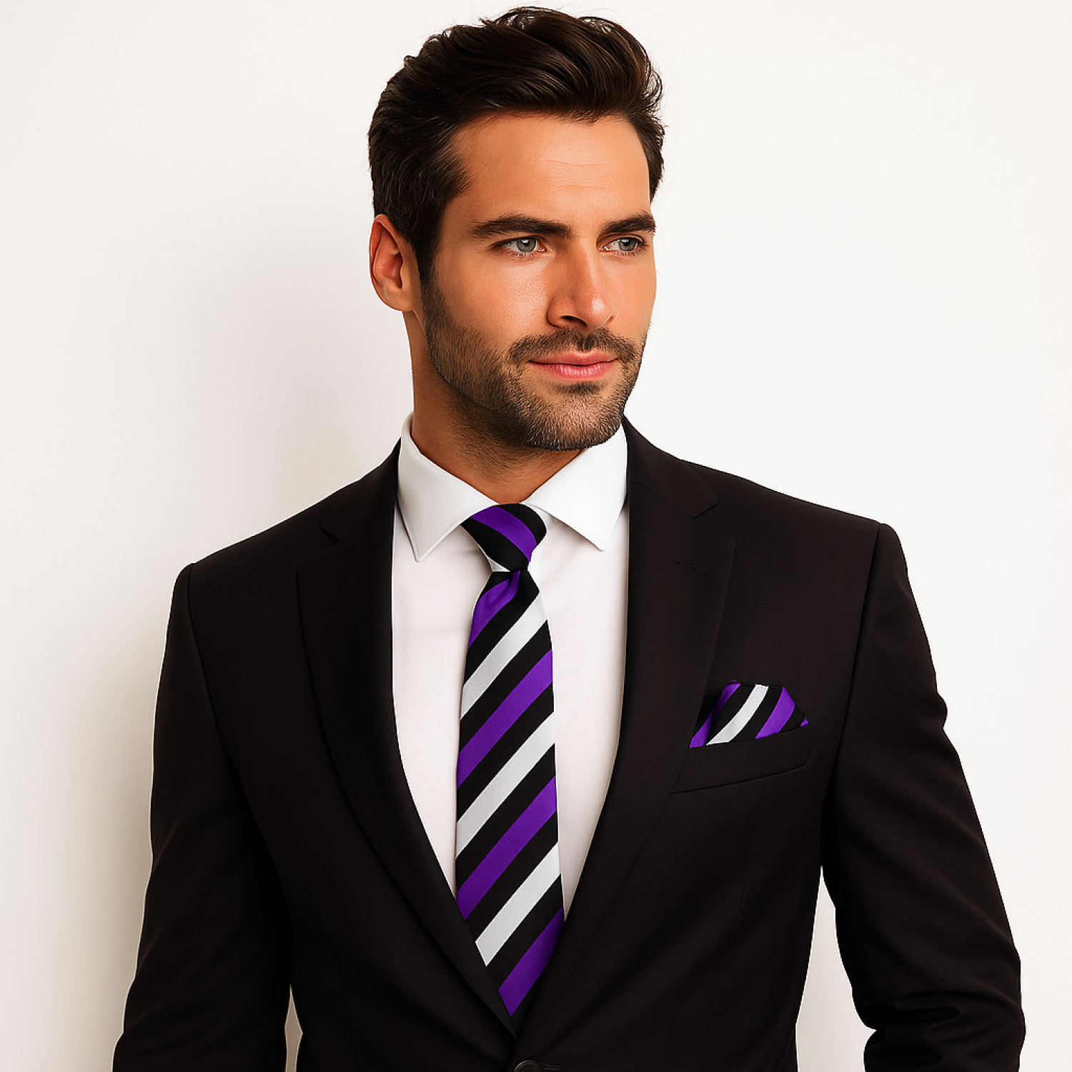 Man wearing a black suit with a purple and white striped tie on a white background