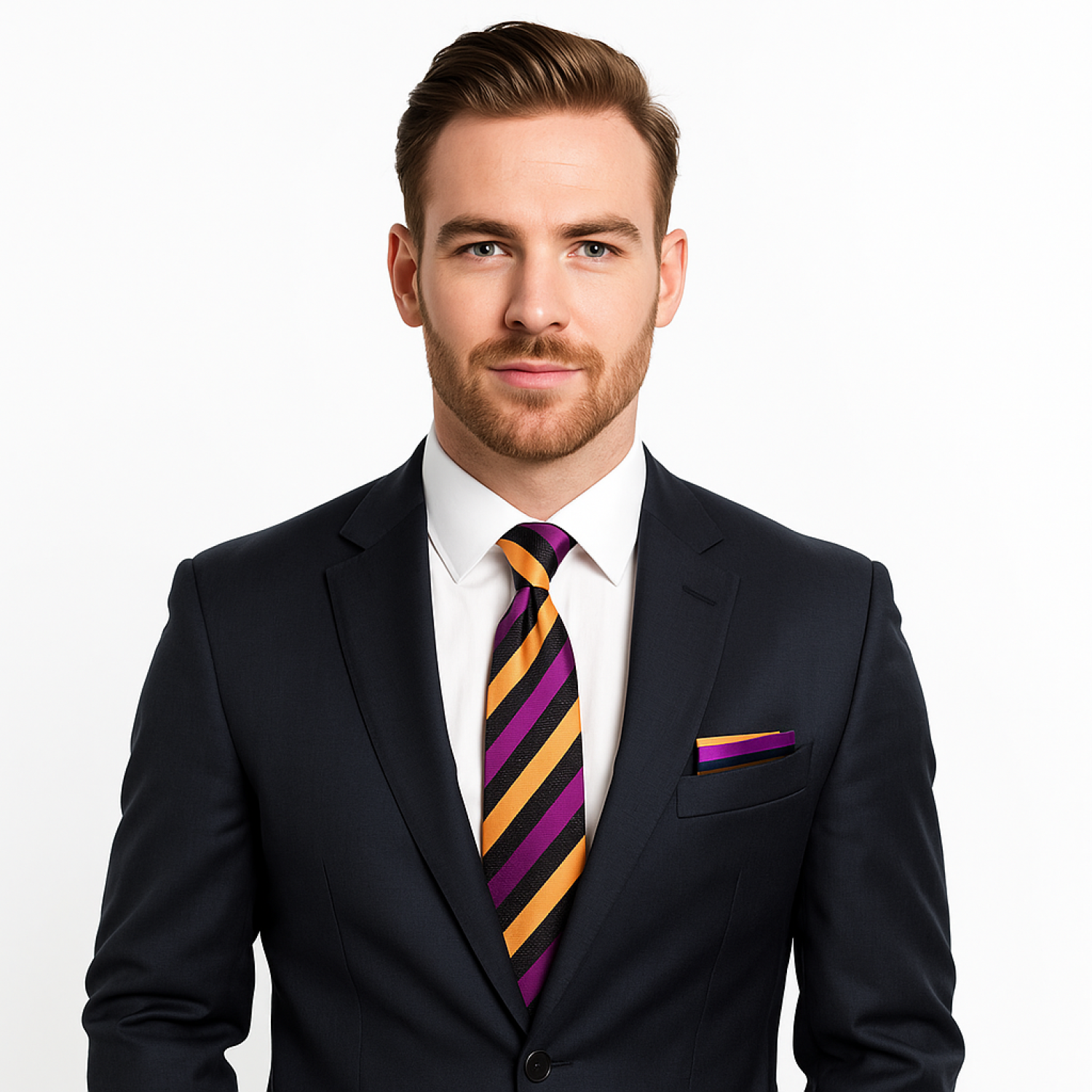 Man wearing a black suit with a colorful striped tie on a white background