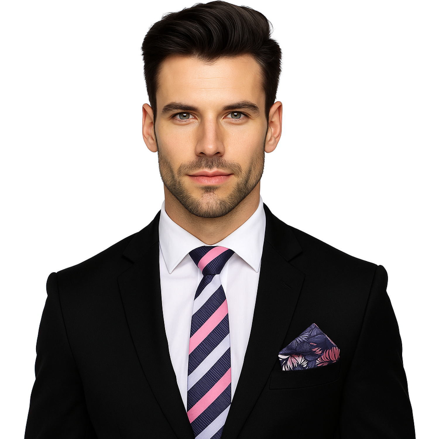 Man wearing a black suit with a striped tie and pocket square on a white background