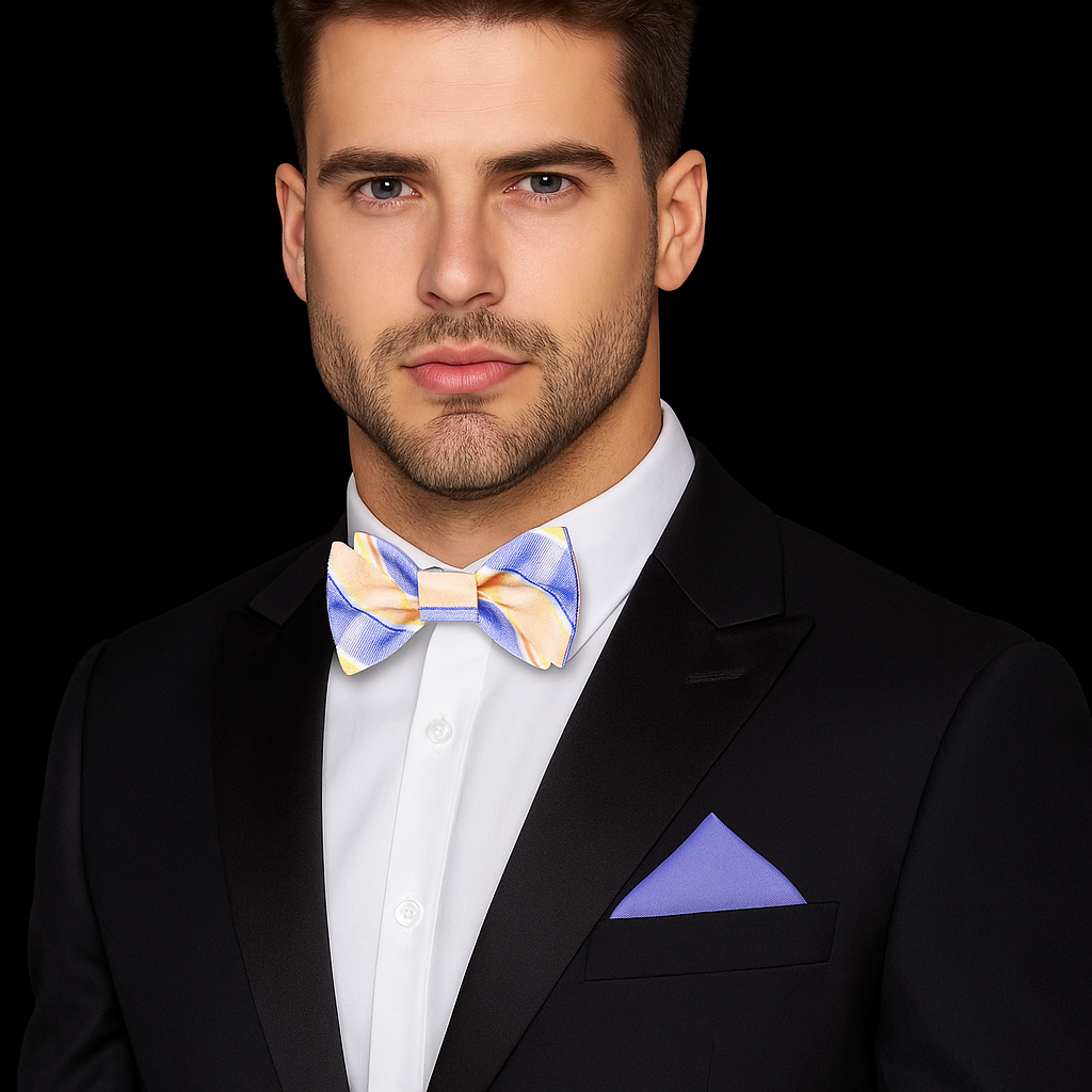 Man wearing a black suit with a colorful bow tie and pocket square on a black background