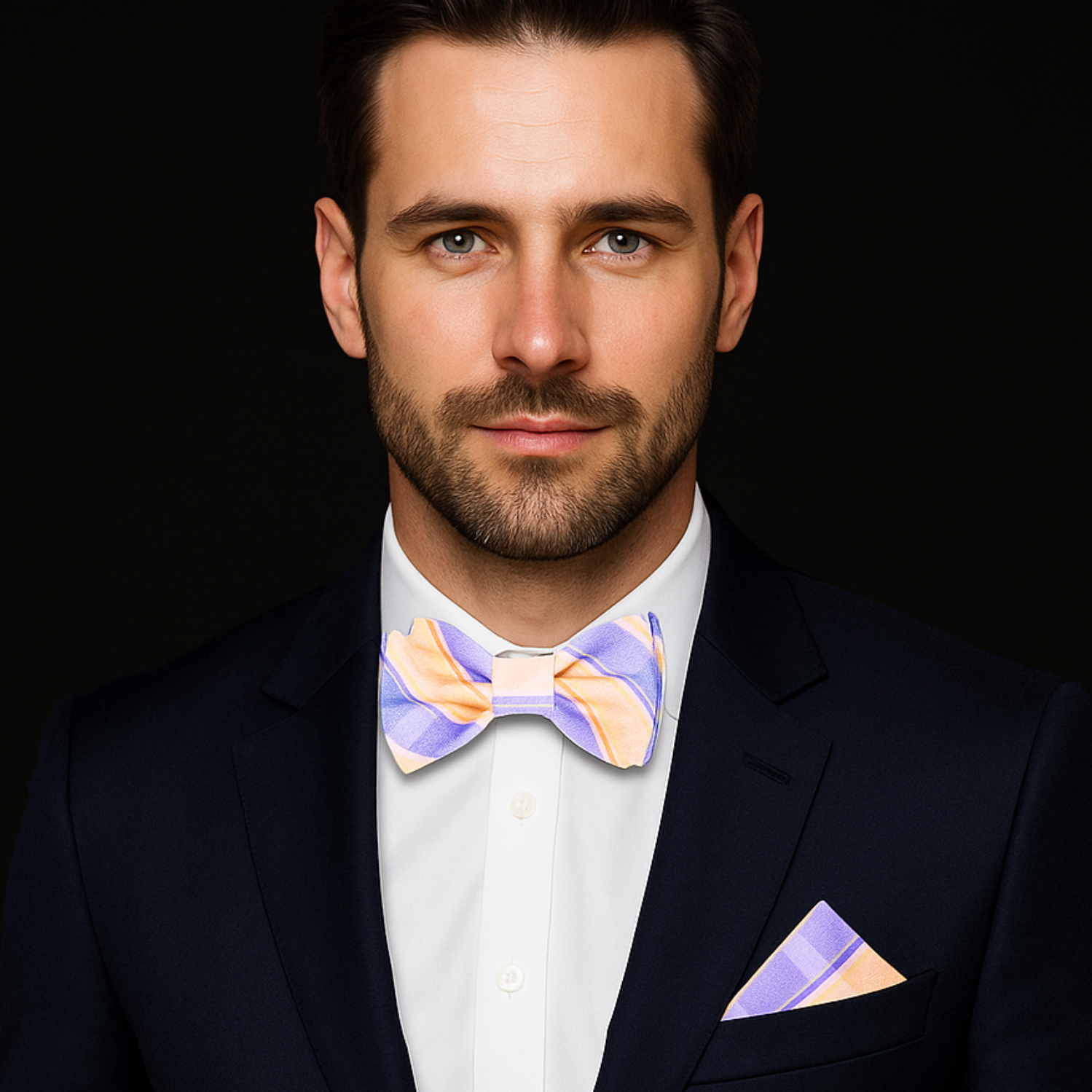 Man wearing a dark suit with a yellow and purple stripe patterned bow tie and pocket square on a black background