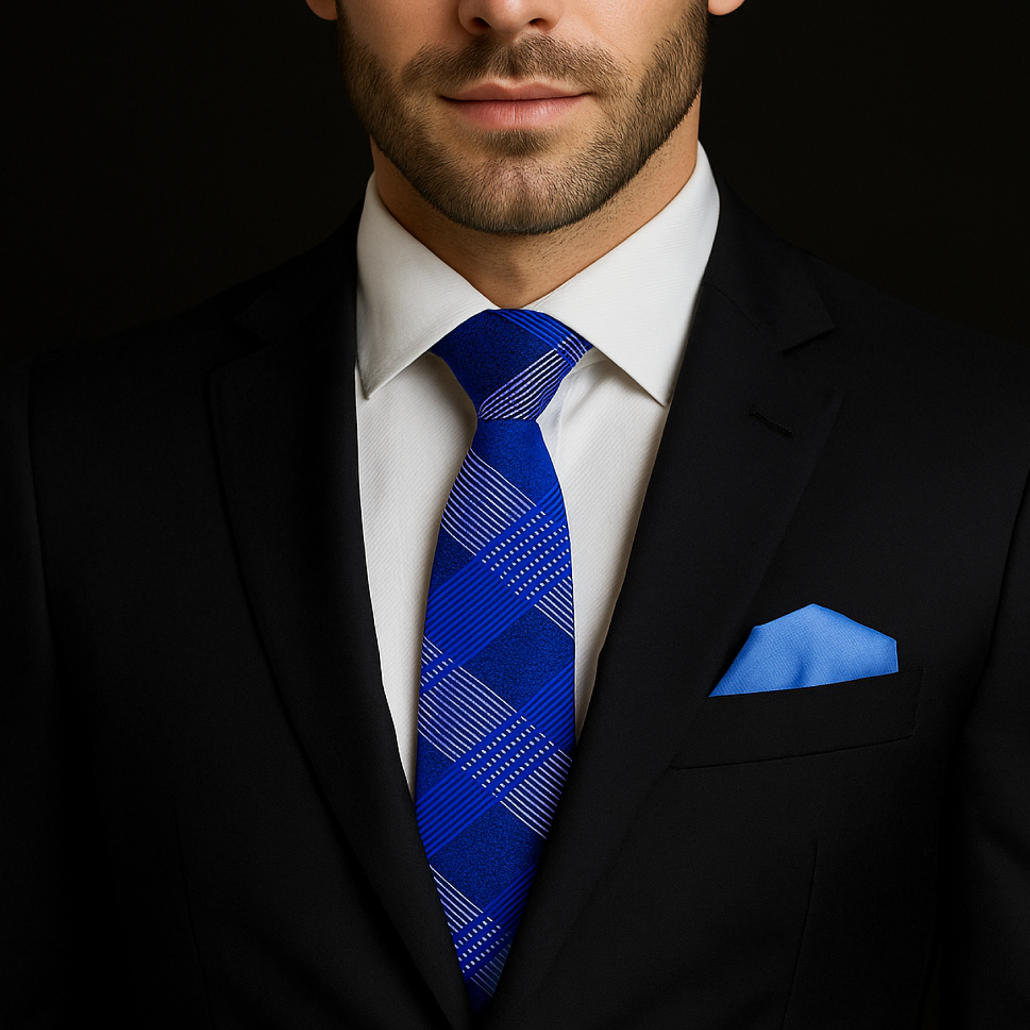 Man wearing a black suit with a blue patterned tie and accenting light blue pocket square on a black background