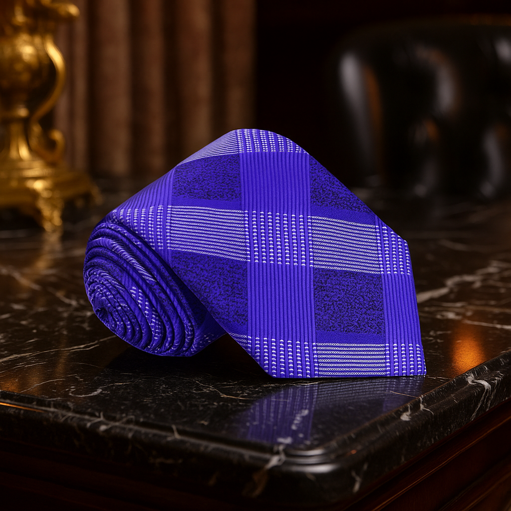 Rolled-up purple plaid tie on a reflective surface with a dark background
