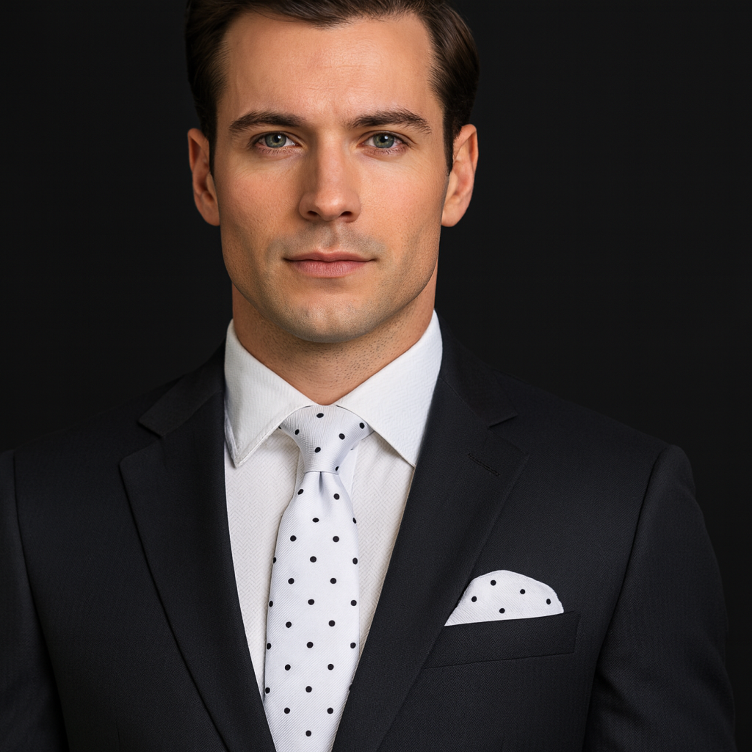 Man wearing a black suit with a white shirt and polka dot tie on a dark background