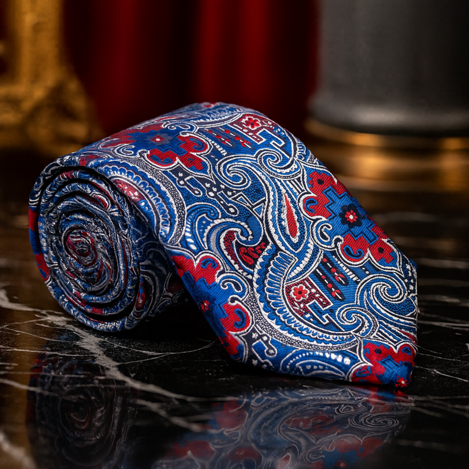 Blue, Red, and White Paisley Necktie | Intricate Detail with Bold Colo