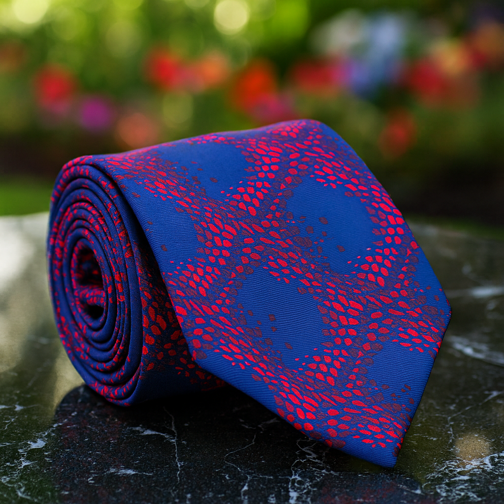 Rolled-up blue and red patterned tie on a dark surface with a blurred floral background