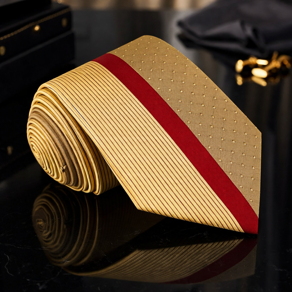 Gold tie with a red stripe on a reflective surface