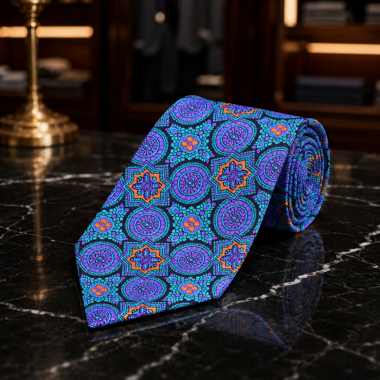 A rolled necktie with a vibrant geometric and medallion pattern in purple, blue, and orange, displayed on a polished black marble surface.