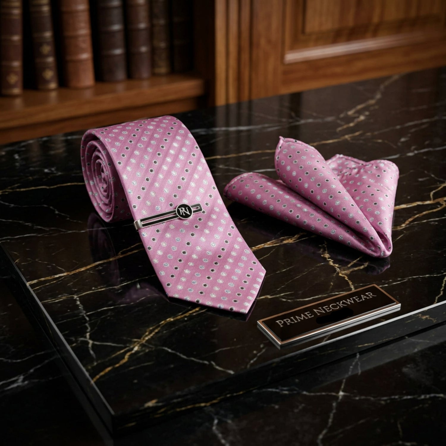 Dusty Pink Necktie with Blue, White and Black Polka Dots