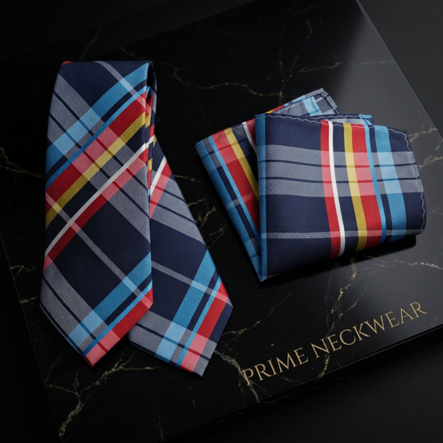 Navy Plaid Necktie with Red, Blue and Yellow Accents
