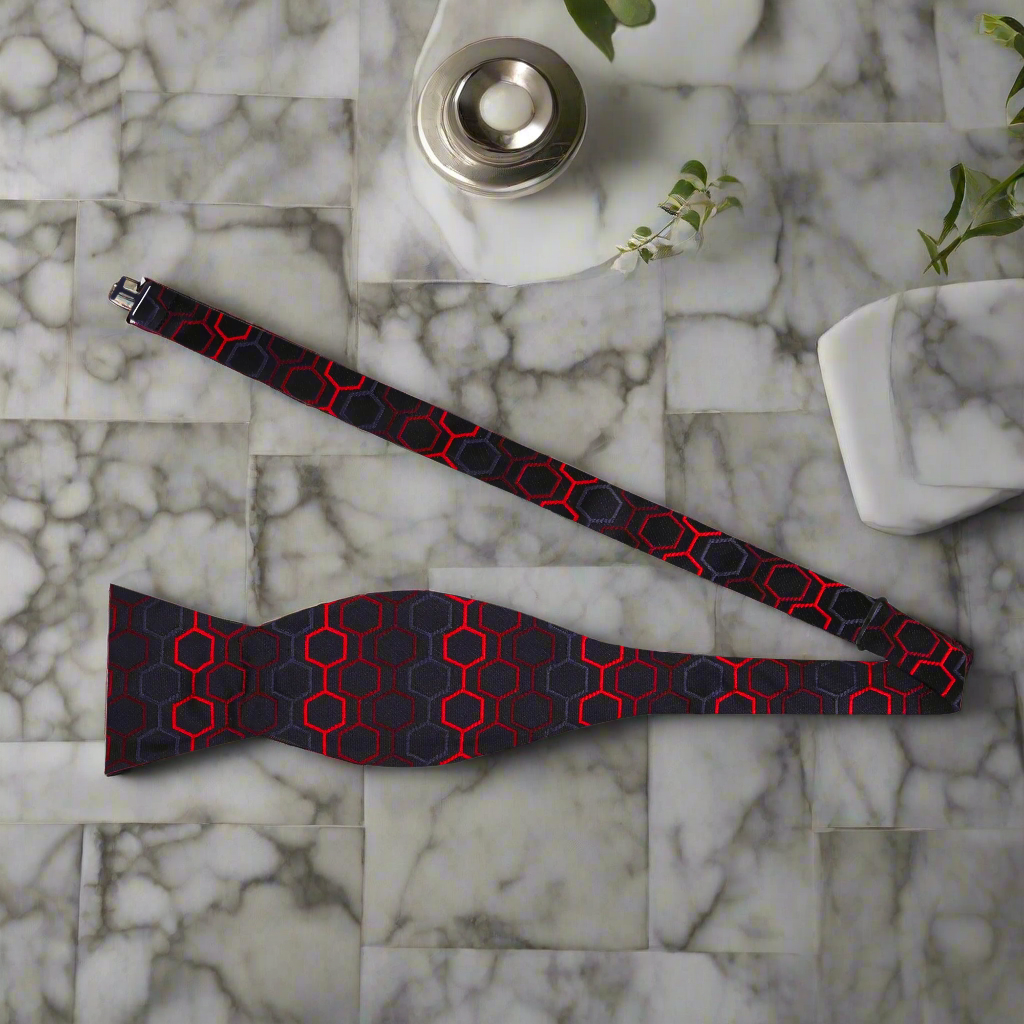 A Black, Grey, Red Geometric Diamond Pattern Silk Self Tie Bow Tie