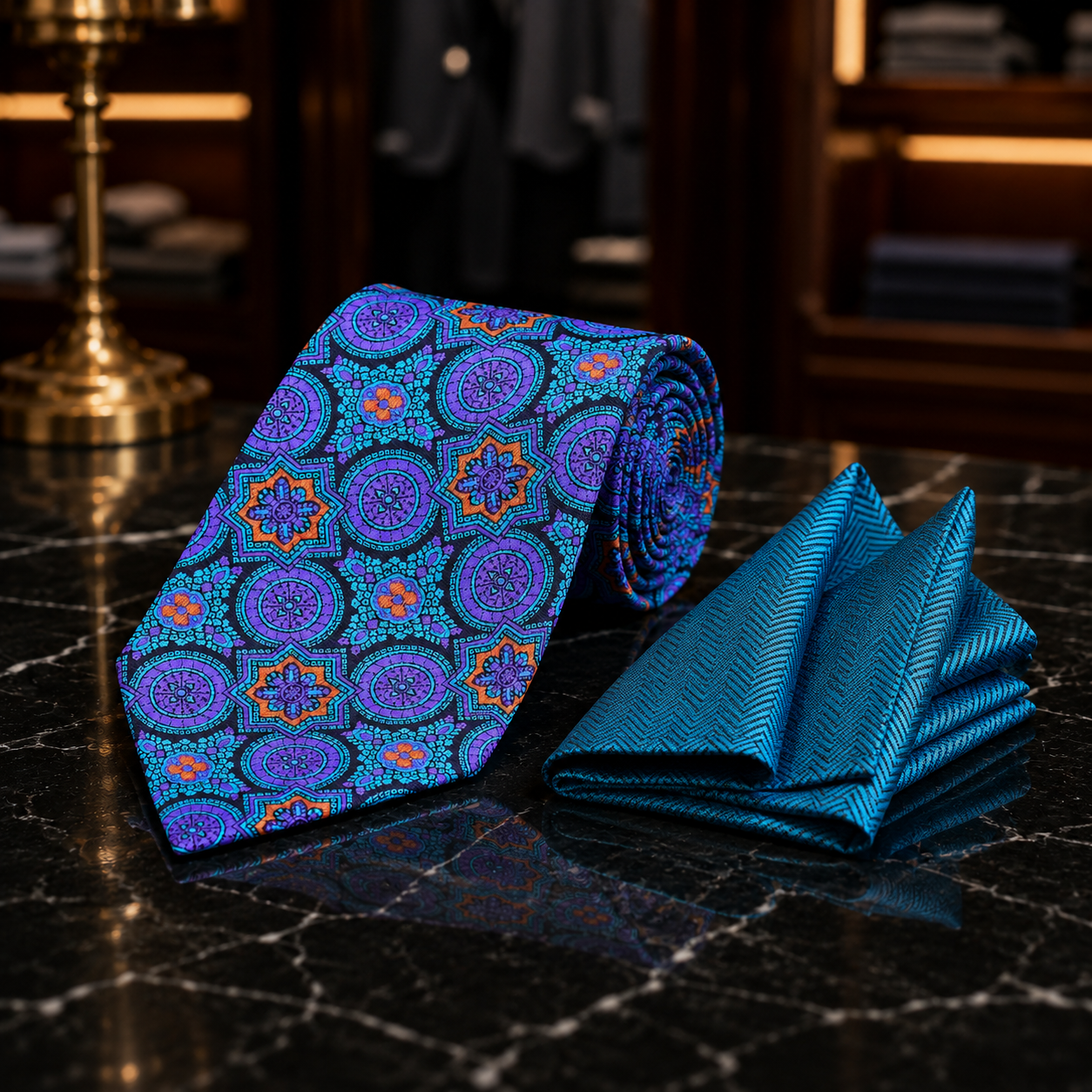A men's necktie and matching pocket square set displayed on a dark marble surface. The tie features a vibrant blue and purple circular medallion pattern with orange accents, while the matching pocket square has a textured teal-blue herringbone weave.