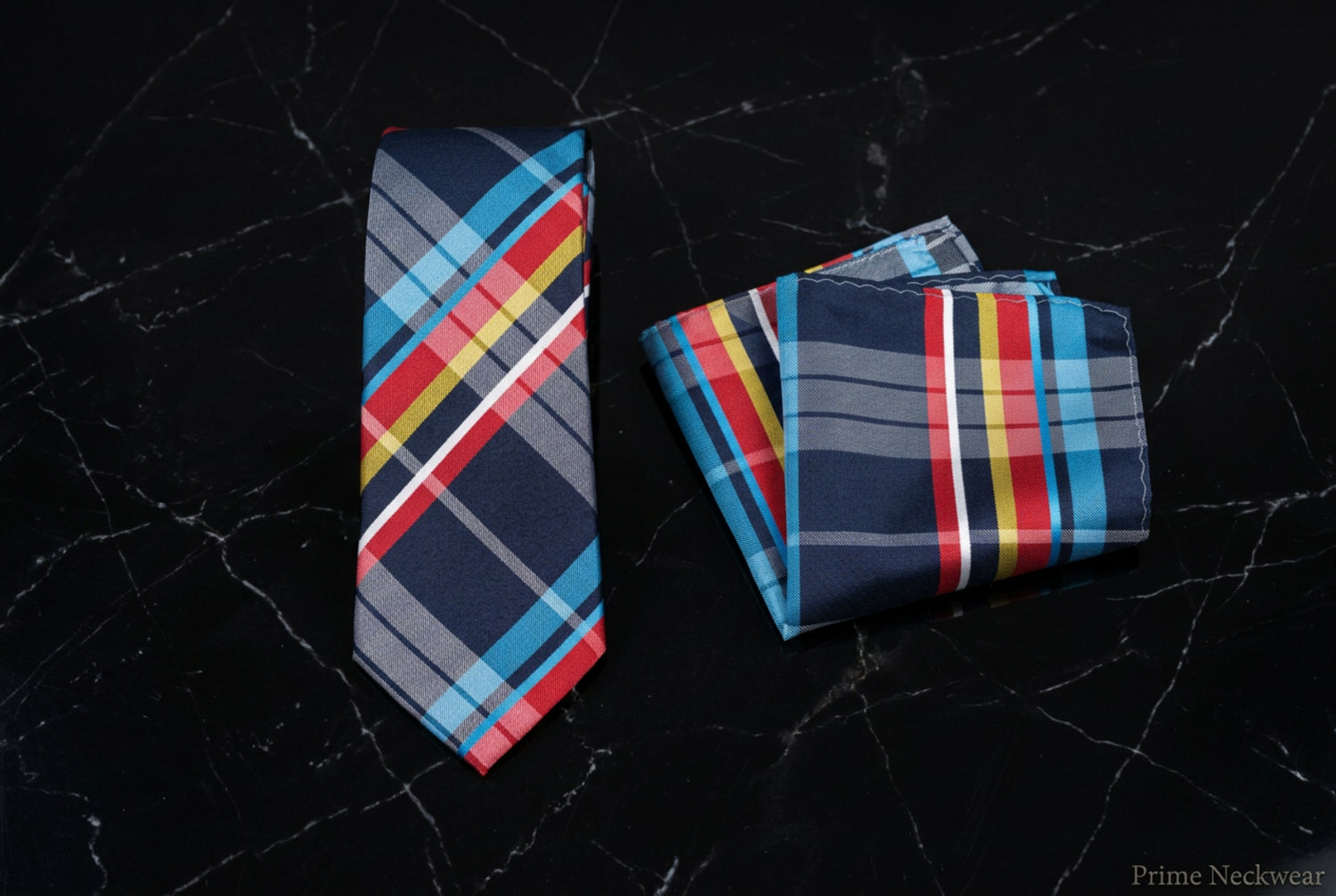 Navy Plaid Necktie with Red, Blue and Yellow Accents