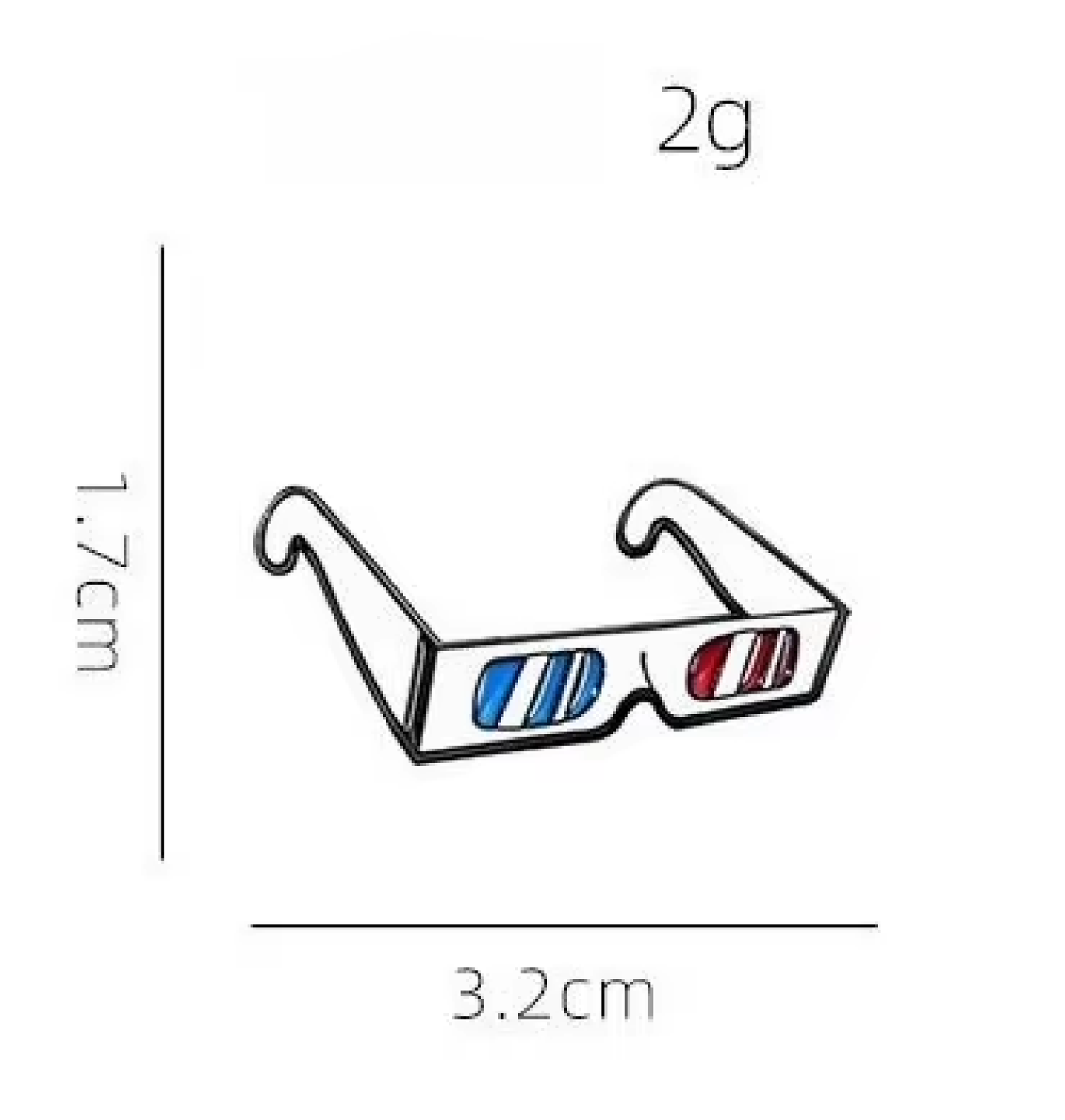 A simple line drawing of 3D glasses on a white background with dimension labels showing 1.7 cm height, 3.