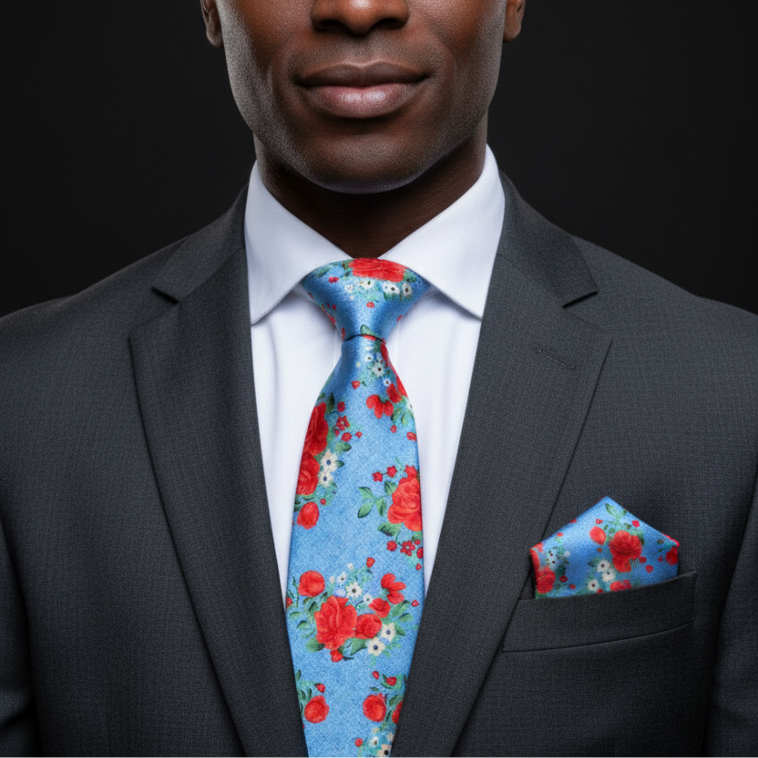 Man wearing a gray suit with a colorful floral tie and pocket square on a black background