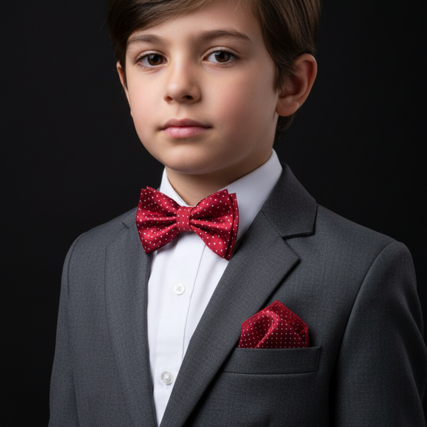 Young boy in a gray suit with a red bow tie and pocket square on a black background