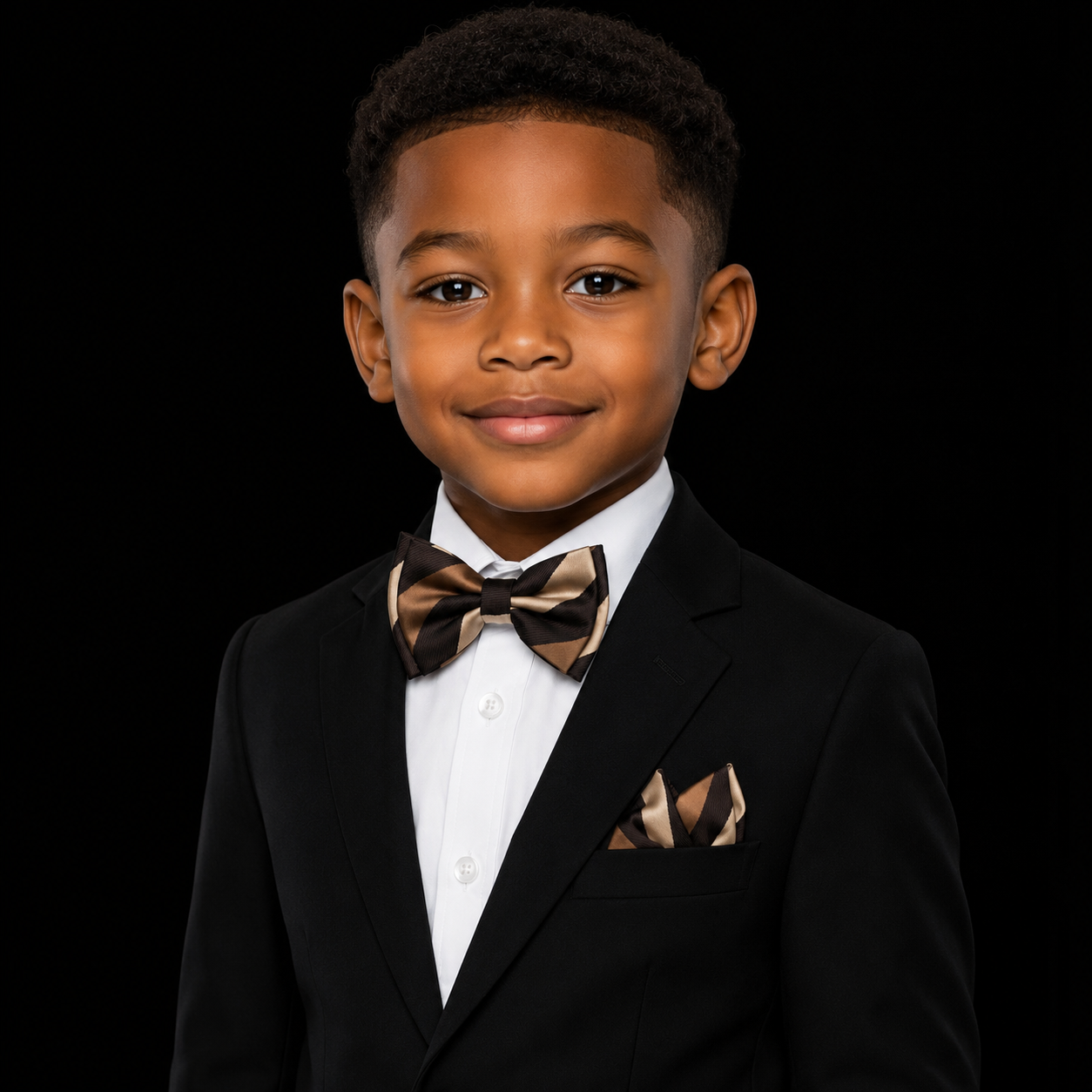 A young boy wearing a black tuxedo jacket, white dress shirt, and a brown and beige patterned bow tie and pocket square, photographed against a solid black background.